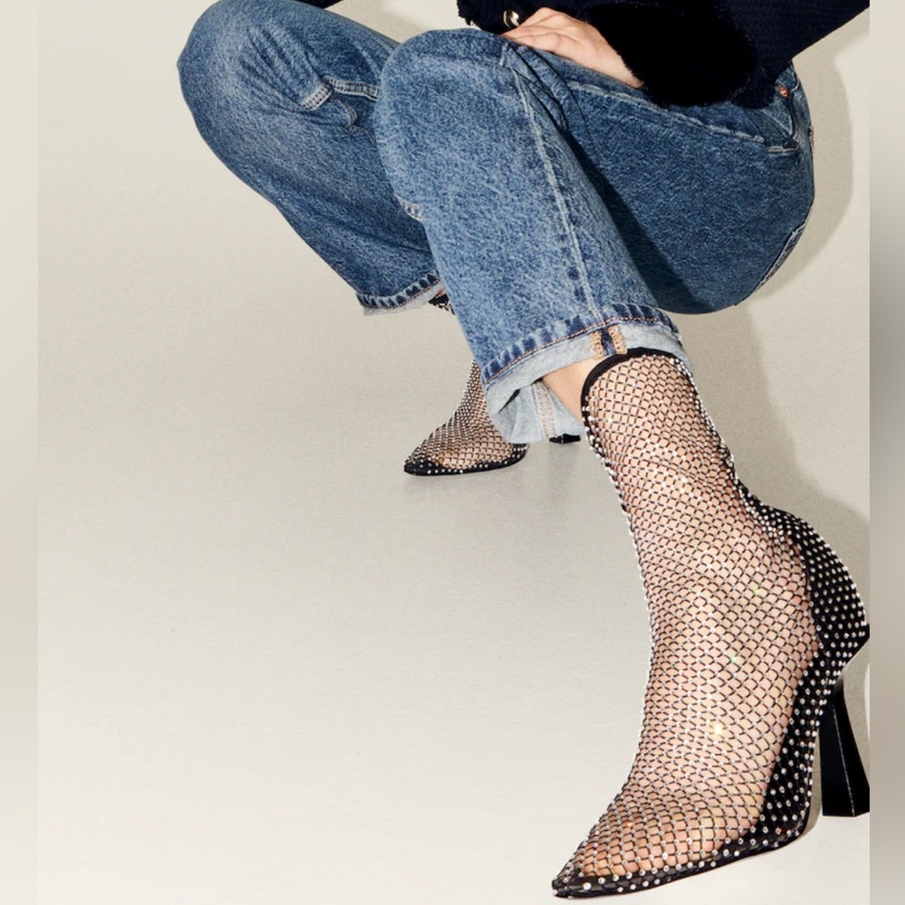 Mango MNG Black Mesh Rhinestone Heeled Boots - Picture 2 of 11